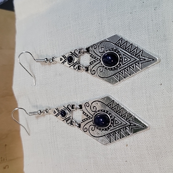 Lapis Geometric Aztec Scrolled Hinge Dangle Earrings - Picture 5 of 8